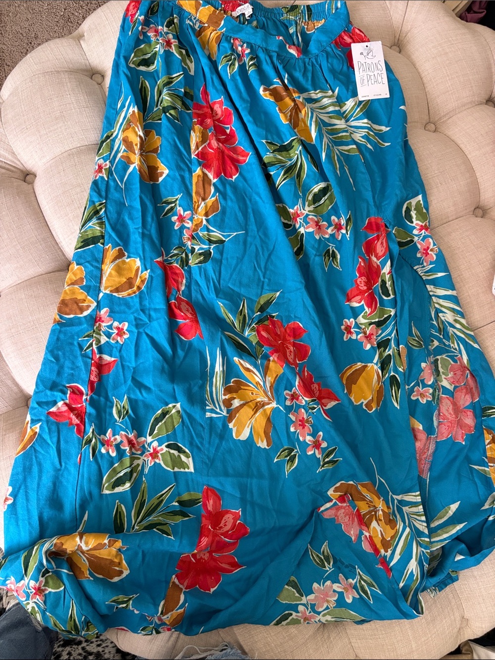 Patrons of Peace Teal Floral Swim Coverup Skirt with Red and Mustard Blooms
